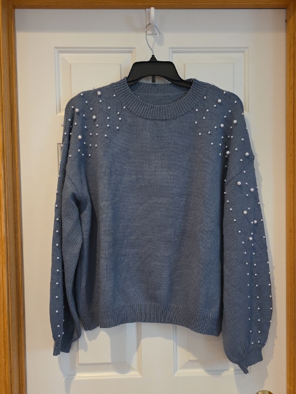 Womens XXL Pearl-Embellished Crewneck Sweater in Dusty Blue